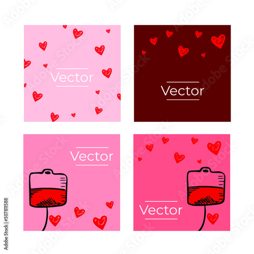 Donor blood sketch vector set of illustrations. Urgent transplantation hand drawn square background. Health care system media banner