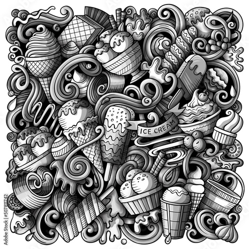 Ice Cream hand drawn vector doodles illustration.
