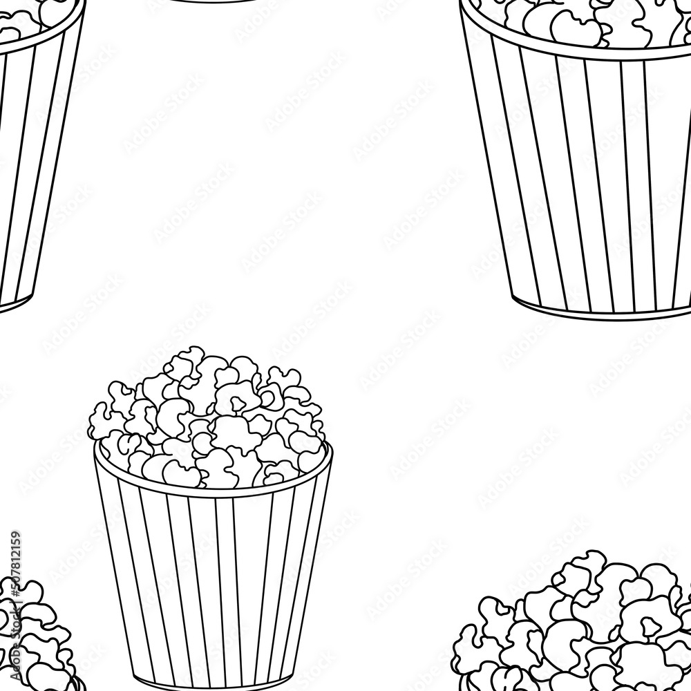 bucket of popcorn. Seamless pattern with the image of a glass of popcorn. Pattern for cinema decor, posters, invitations, cards bucket of popcorn. Seamless pattern with the image of a glass of popcorn. Pattern for cinema decor, posters, invitations, cards