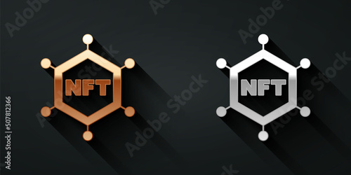 Gold and silver NFT blockchain technology icon isolated on black background. Non fungible token. Digital crypto art concept. Long shadow style. Vector