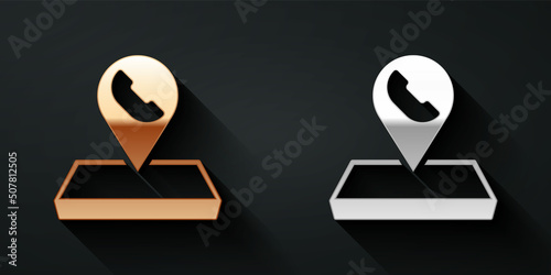 Gold and silver Map pointer with telephone or communication icon isolated on black background. Call center location. Long shadow style. Vector