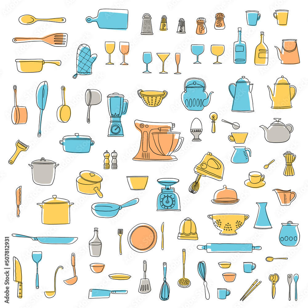 Illustration collection of tools used in the kitchen,