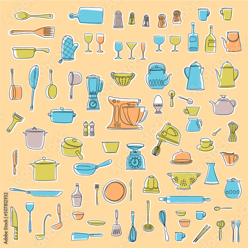Illustration collection of tools used in the kitchen,