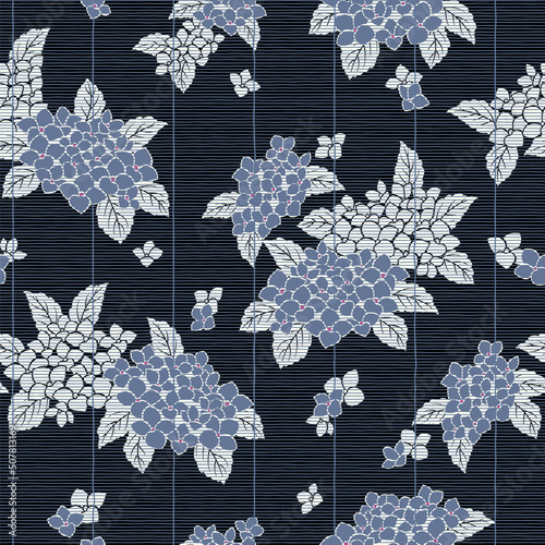 Seamless pattern of hydrangea through bamboo blinds,