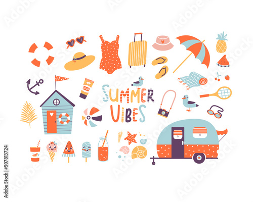 Set of beach summer elements swimsuit, sunglasses, umbrella, beach hut, camper trailer.  Vector collection. Summer design. 
