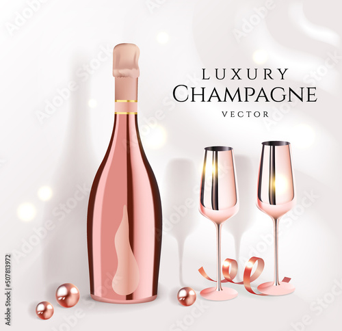 Golden rose champagne bottles with wine glasses, luxury festive alcohol products for celebration, vector illustration.