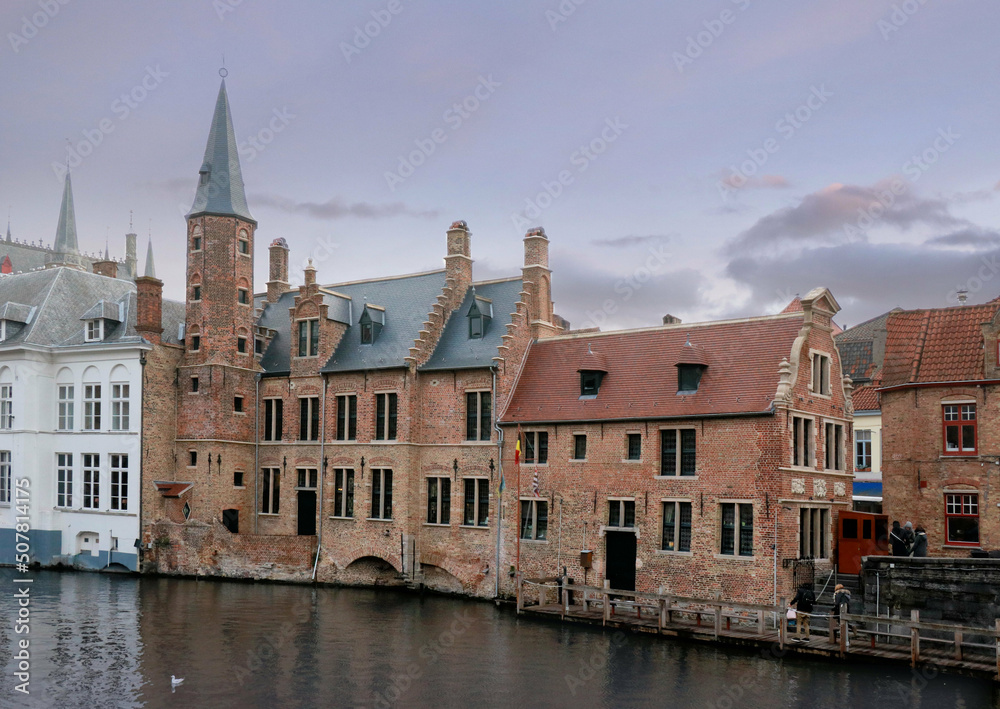 lovely view on the old houses and the water in Bruges, Belgium
