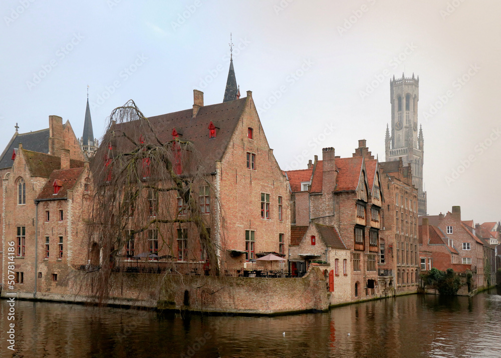 lovely view on the old houses and the water in Bruges, Belgium