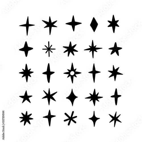 Hand drawn stars silhouette vector collection. Firework sparkles icons set isolated on white. Decoration flicker, flash magic symbol.