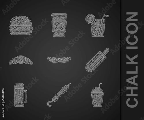 Set Hotdog sandwich, Grilled shish kebab, Milkshake, French hot, Thermos container, Croissant, Cocktail and Burger icon. Vector