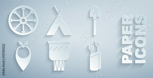 Set Drum, Shovel, Cowboy bandana, Quiver with arrows, Indian teepee or wigwam and Old wooden wheel icon. Vector