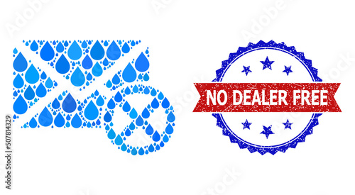 Vector mosaic reject leter, and bicolor textured No Dealer Free seal. Reject leter mosaic for pure water advertisement. Reject leter is designed from blue clean aqua dews.