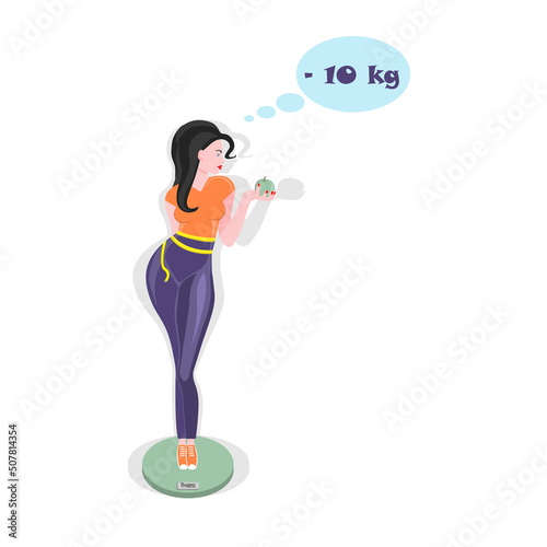 A beautiful girl with black hair and an apple in her hands. A girl who wants to know her weight and for this she got on the scale. Diet as a way of life.