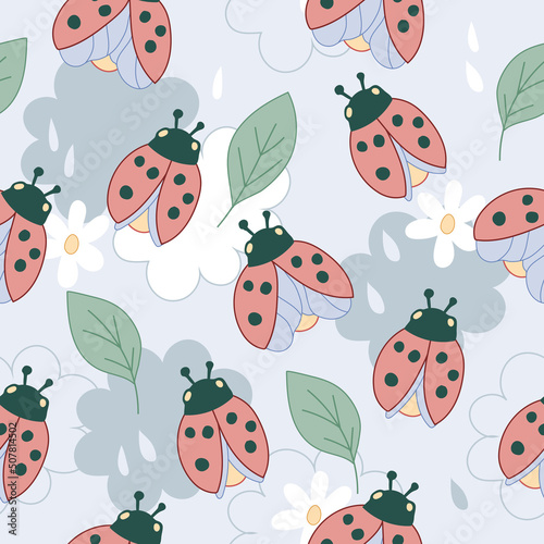 Seamless repeatable childish pattern with ladybug for children clothing and wallpaper, vector illustration. Decorative endless summer background design with ladybird or lady-beetle. © Мария Гисина