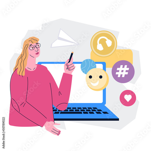 Business woman or content manager, SMM freelance or outsource employee at work. Multitasking business person managing workflow and mailing, flat vector illustration isolated on white background.