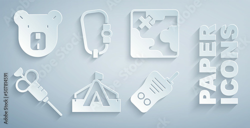 Set Tourist tent, Africa safari map, Syringe, Walkie talkie, Carabiner and Bear head icon. Vector