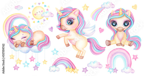 Cute Unicorn Watercolor illustration pastel and candy colors for girls princess poster. Set of magical cartoon unicorns isolated on white background. Trendy cartoon baby horse. Birthday concept. © MarinadeArt
