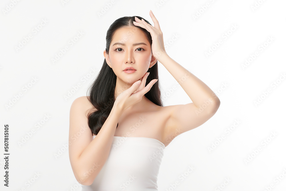 Beautiful young asian woman with clean fresh skin on white background, Face care, Facial treatment, Cosmetology, beauty and spa, Asian women portrait. Beautiful young asian woman with clean fresh skin on white background, Face care, Facial treatment, Cosmetology, beauty and spa, Asian women portrait.