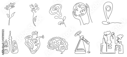 A set of icons in the style of one line on a blue background. Flower, planet, pointer, lungs, heart, plant, planet and others. Vector illustration