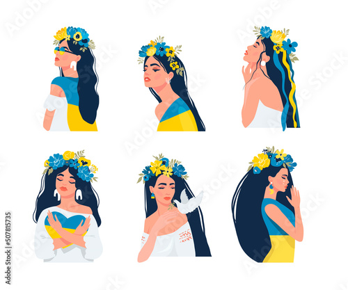 Women in Ukrainian wreaths. Set. Art. The concept of support for Ukraine. Stop war. Support for Ukraine. vector illustration. isolated