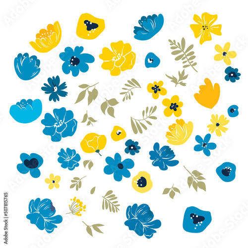 Flowers set. Blue-yellow. Support for Ukraine. Vector flat illustration. Isolated.