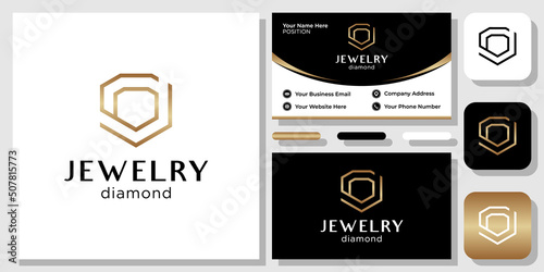 Initial letter J jewelry diamond symbol luxury gemstone gold with business card template 