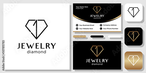 Initial letter J jewelry diamond symbol luxury gemstone gold with business card template 
