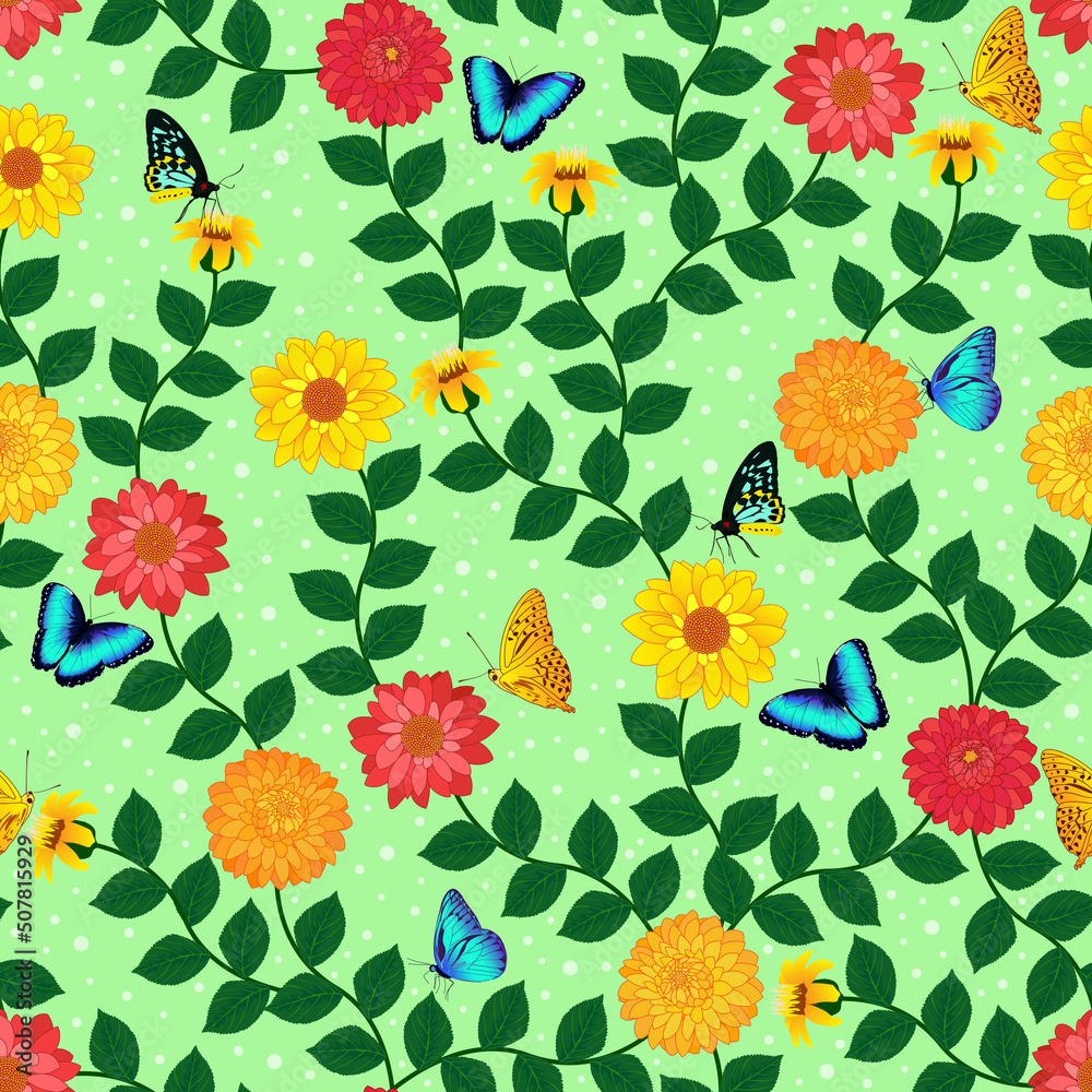 floral garden seamless pattern. flowers pattern. butterfly, blue butterflies, yellow butterfly, marigold flowers. green background. good for fabric, fashion, backdrop, background, dress, wallpaper. floral garden seamless pattern. flowers pattern. butterfly, blue butterflies, yellow butterfly, marigold flowers. green background. good for fabric, fashion, backdrop, background, dress, wallpaper.