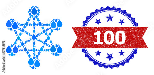 Vector mosaic network links, and bicolor scratched 100 seal stamp. Network links mosaic for clean beverage ads. Network links is created with blue drinking liquid raindrops.