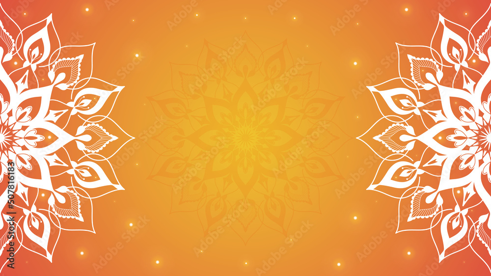 Ornamental ethnic mandala on orange background with lights.