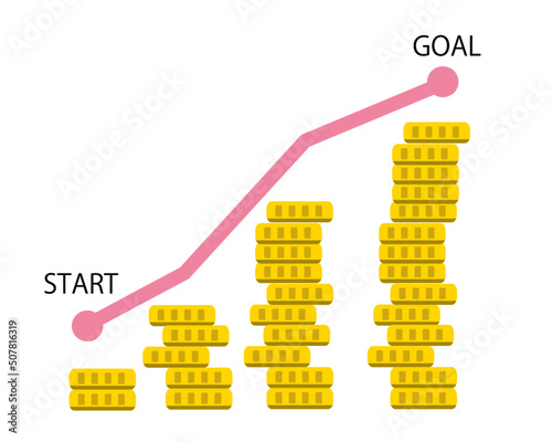 お金の貯蓄 お金が増える スタートとゴール 目標 コインの積み重ね ベクターイラスト