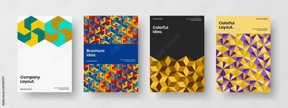 Trendy journal cover A4 design vector concept set. Premium geometric pattern pamphlet illustration composition.