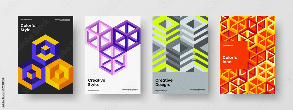 Trendy corporate cover design vector layout collection. Multicolored geometric hexagons annual report concept composition.