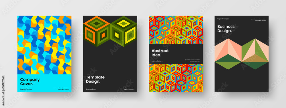 Trendy geometric shapes brochure illustration collection. Simple leaflet A4 vector design layout composition.