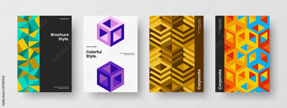 Isolated book cover A4 design vector template collection. Amazing geometric hexagons placard illustration set.