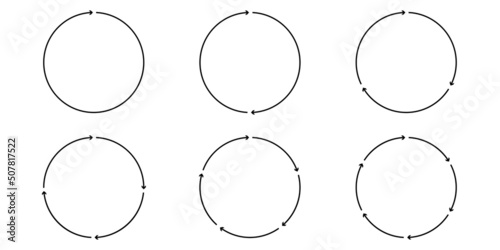 Arrow rotate icons set. Collection black circles graphic elements. Flat simple arrows isolated on white background. Vector illustration.