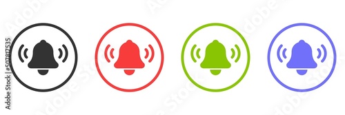 Ringing bell in a circle in different colors. Four bells in black, red, green, blue. Notice sign. Vector illustration.