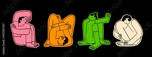 People sitting or lying in different poses. Sleeping in uncomfortable positions concept. Cute abstract characters. Hand drawn colorful modern Vector illustration. Cartoon trendy style. Bright stickers