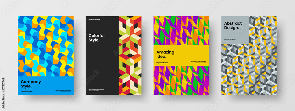 Unique geometric shapes magazine cover template composition. Creative placard A4 vector design layout bundle.
