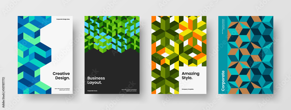 Vivid company brochure vector design layout composition. Unique geometric hexagons flyer concept collection.
