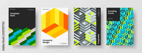 Bright postcard design vector layout set. Amazing geometric tiles poster template bundle.