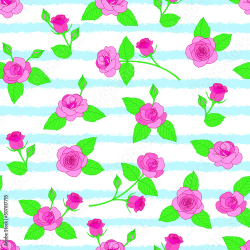 pink rose seamless pattern. blue stripes background. floral garden pattern. flower pattern. pink roses. rose flower. good for dress, fabric, wallpaper, background, textile, fashion. © hartami
