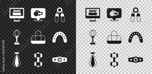 Set Boxing ring, glove, Sport expander, Punching bag, Dumbbell, belt, and icon. Vector