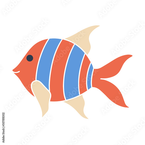 Striped colored fish baby character. Sea dweller doodle illustration. Single cartoon small fish isolated vector
