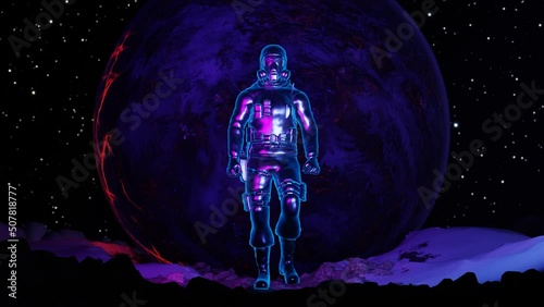 A neon astronaut walks the planet. Looped animation