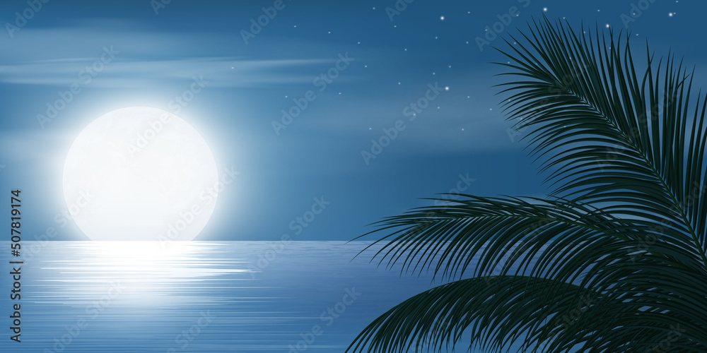 Naklejka premium full moon night at sky and stars on calm lake