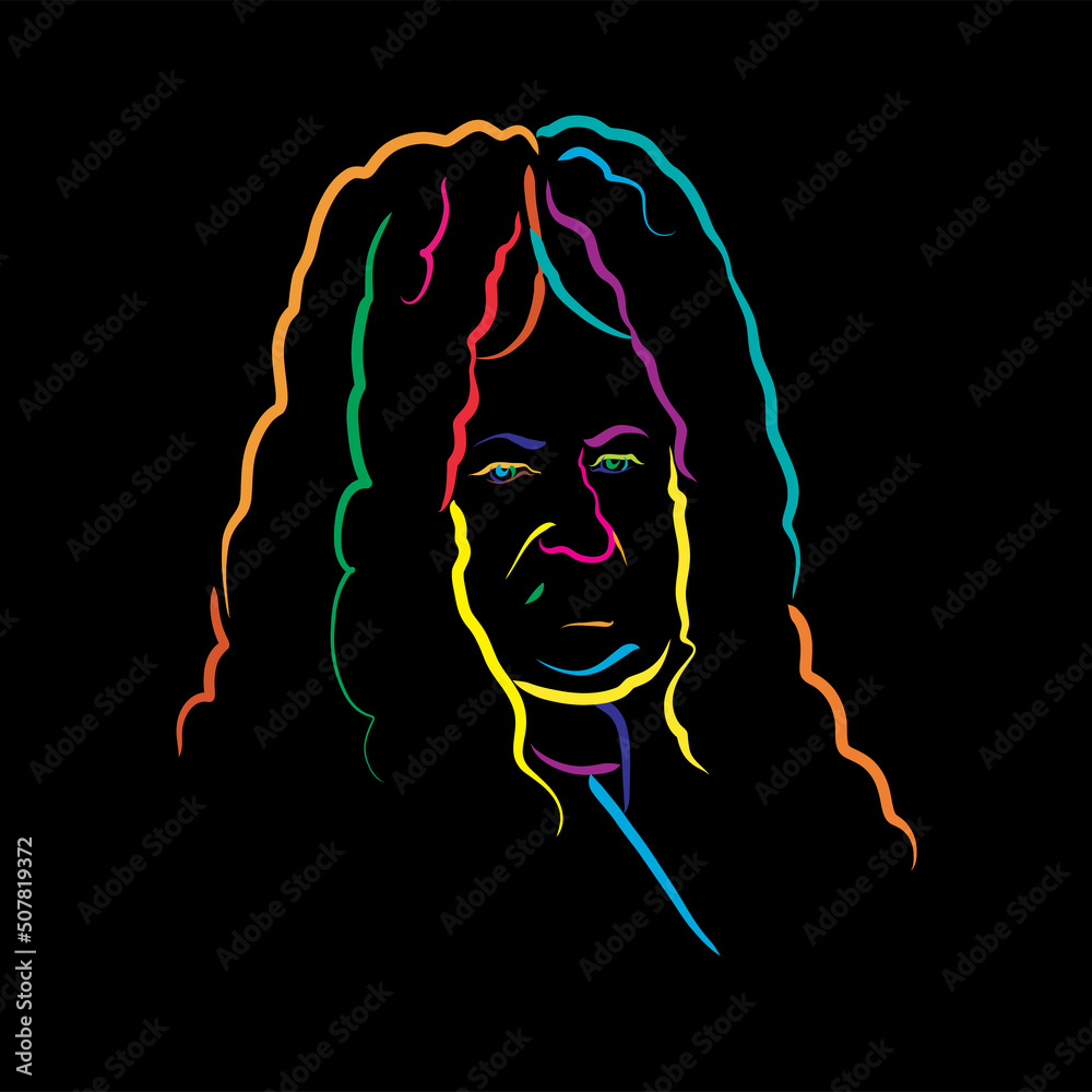 Gottfried Wilhelm Leibniz crazy colorful outline vector drawing - obrazy, fototapety, plakaty 