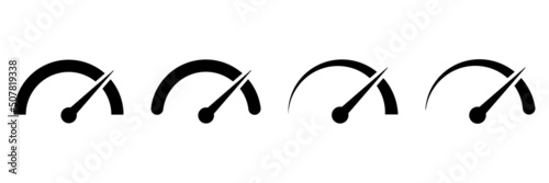 Speedometer, tachometer black icons set. Speed indicator sign. Performance concept. Fast speed sign. Flat simple icon. Vector illustration.