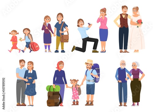 Family stages. Different ages people, children, students, young adults couple. Man woman relationship development, marriage and pregnancy decent vector set