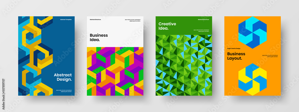 Vivid annual report vector design layout set. Isolated geometric hexagons company cover illustration bundle.